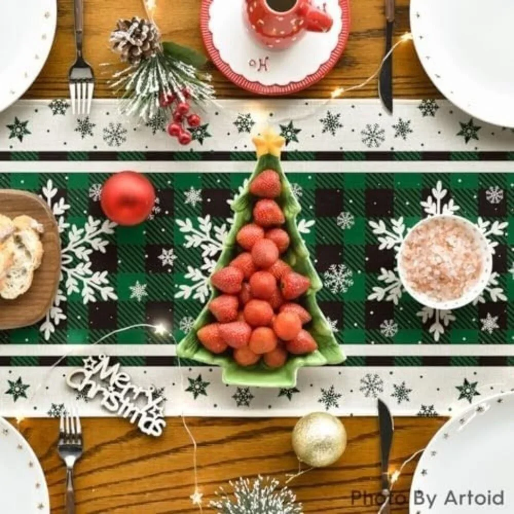 Green Buffalo Plaid Snowflakes Christmas Table Runner, Seasonal Winter 13x72